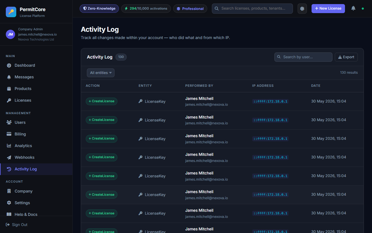 Activity Log page