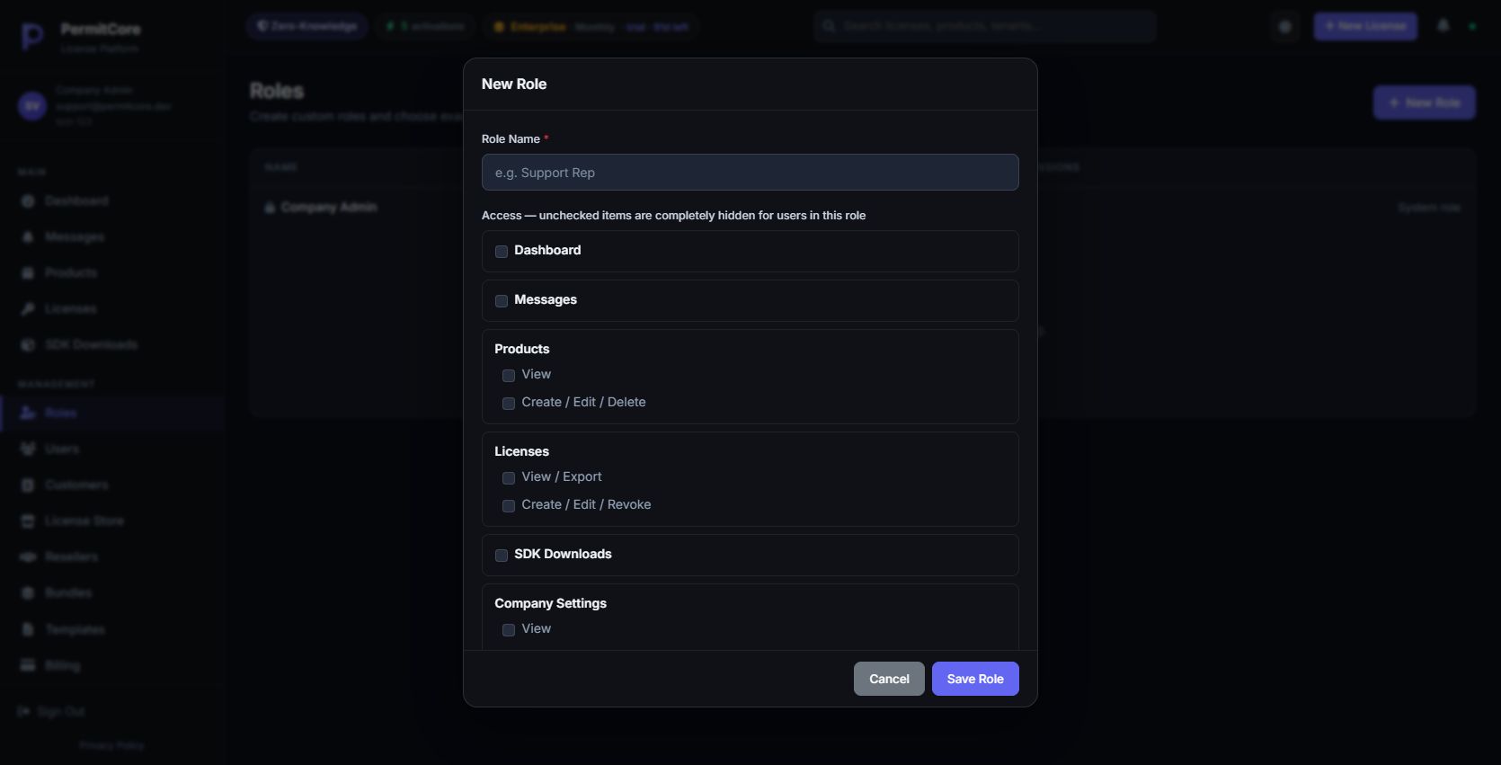 New custom role form with menu and action permissions unchecked